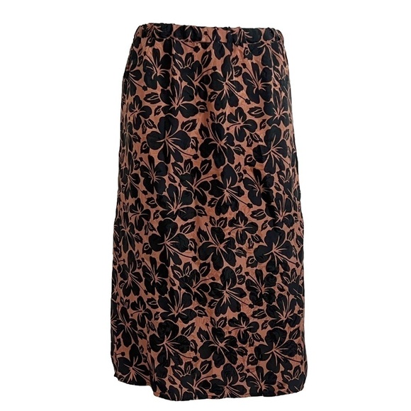 Flora Kung Vintage Silk Pull on Floral Midi Skirt Brown Black Size 14 mid rise